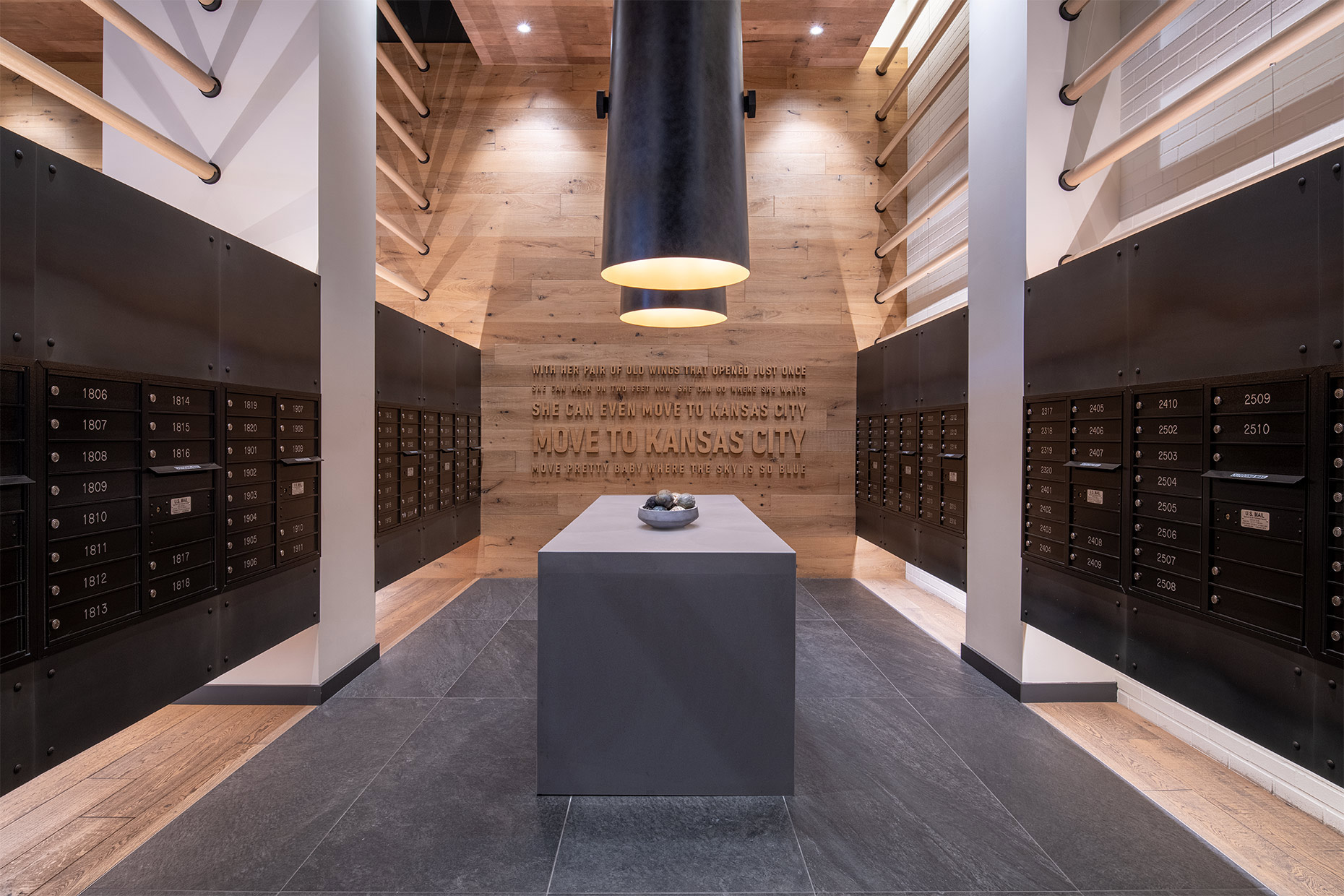 Two Light Luxury Apartments mailroom, Kansas City